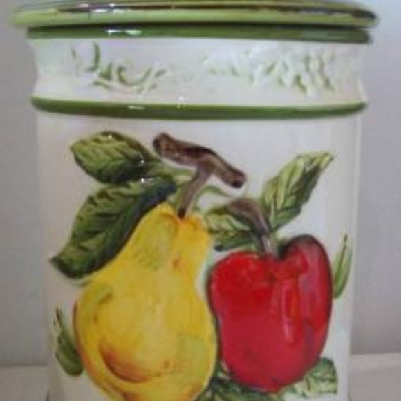 Kitchen Canisters 3D Raised Fruit Porcelain Ceramic Jars + Lids 2 Vtg Containers - Picture 2 of 4